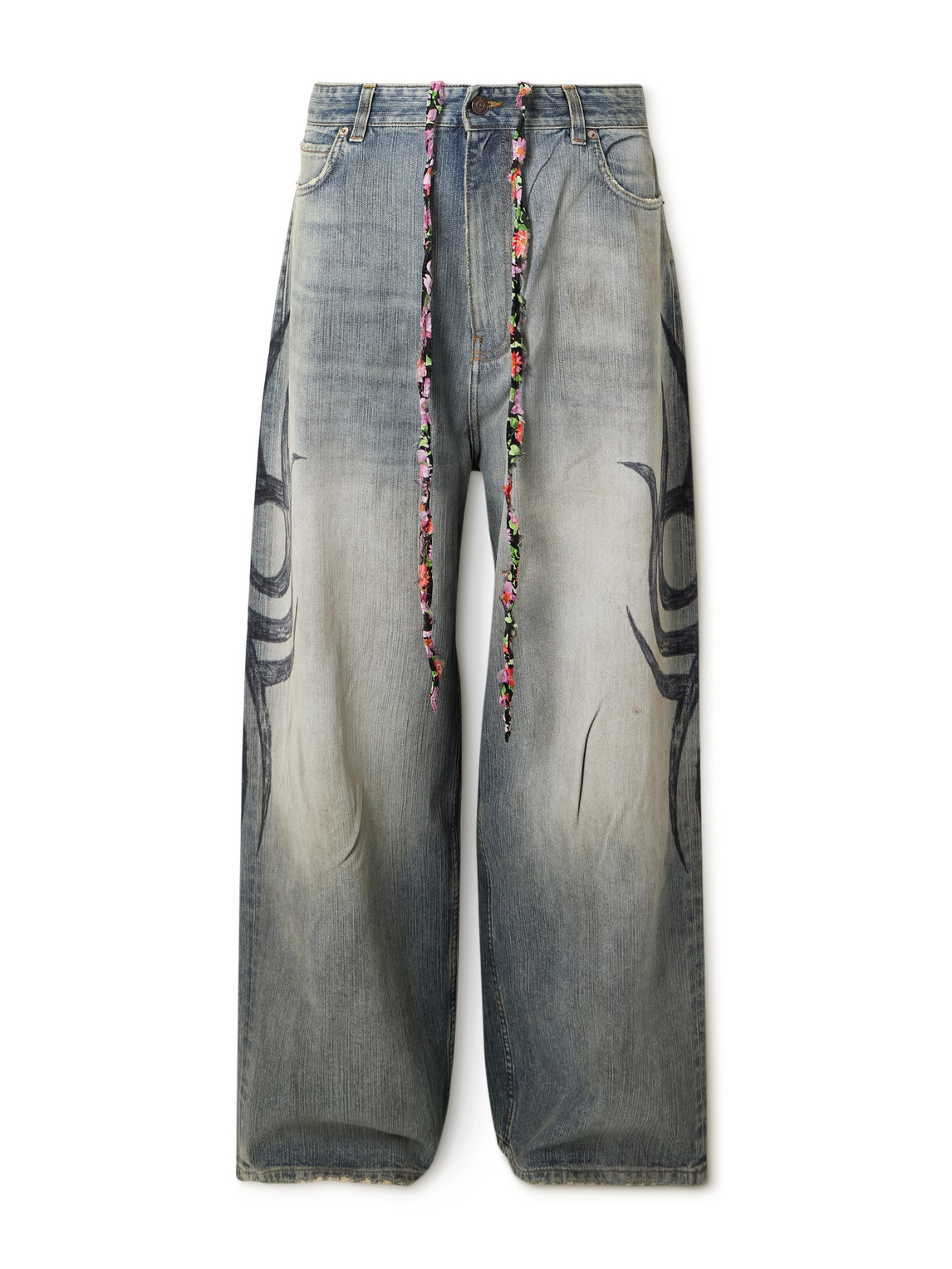 Balenciaga Y2k Wide-leg Distressed Printed Jeans In Blue
