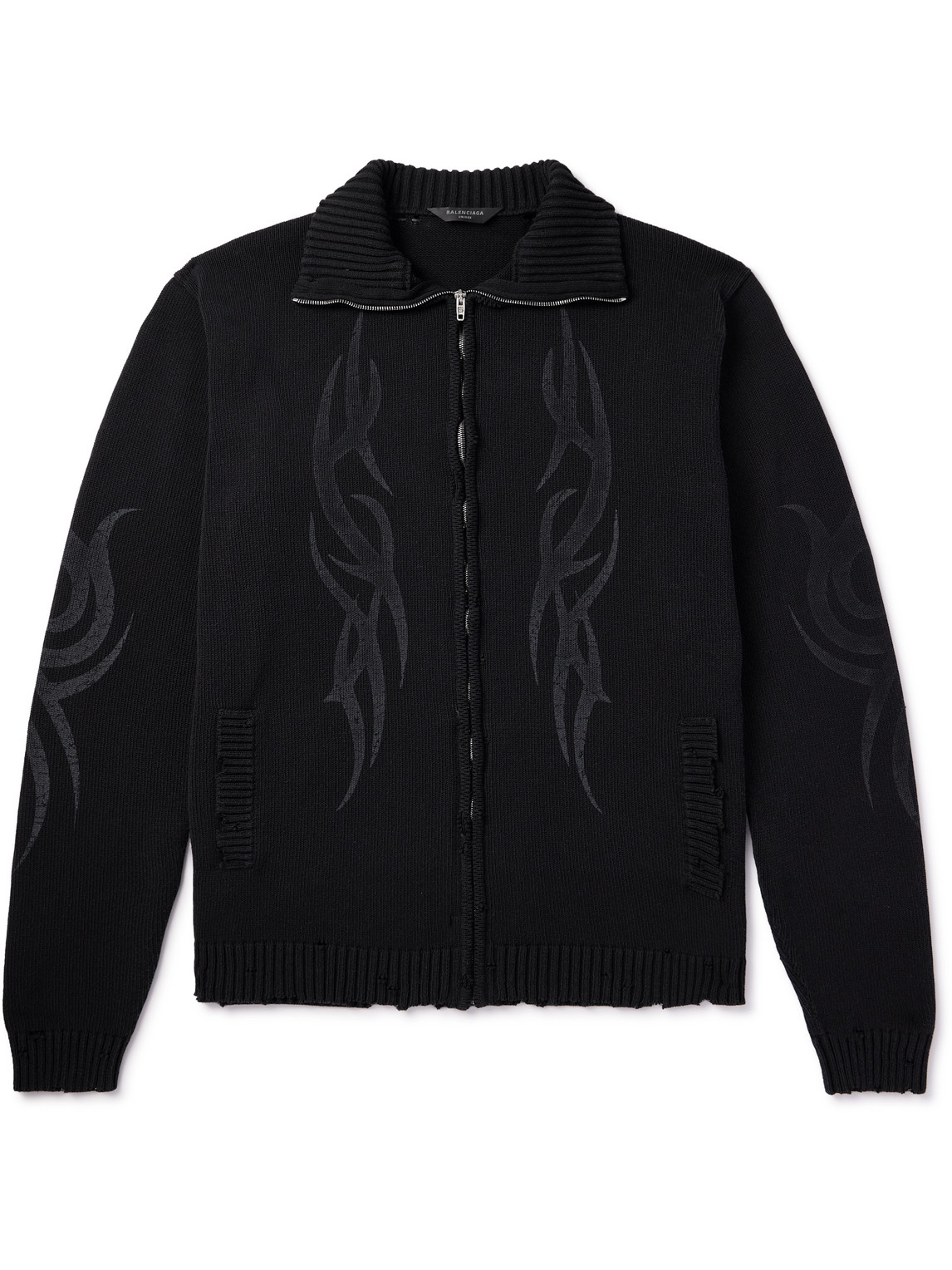 Balenciaga Oversized Distressed Printed Knitted Zip-up Cardigan In Black