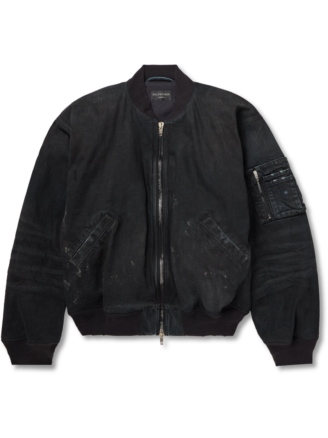 Balenciaga Distressed Padded Denim Bomber Jacket In Black