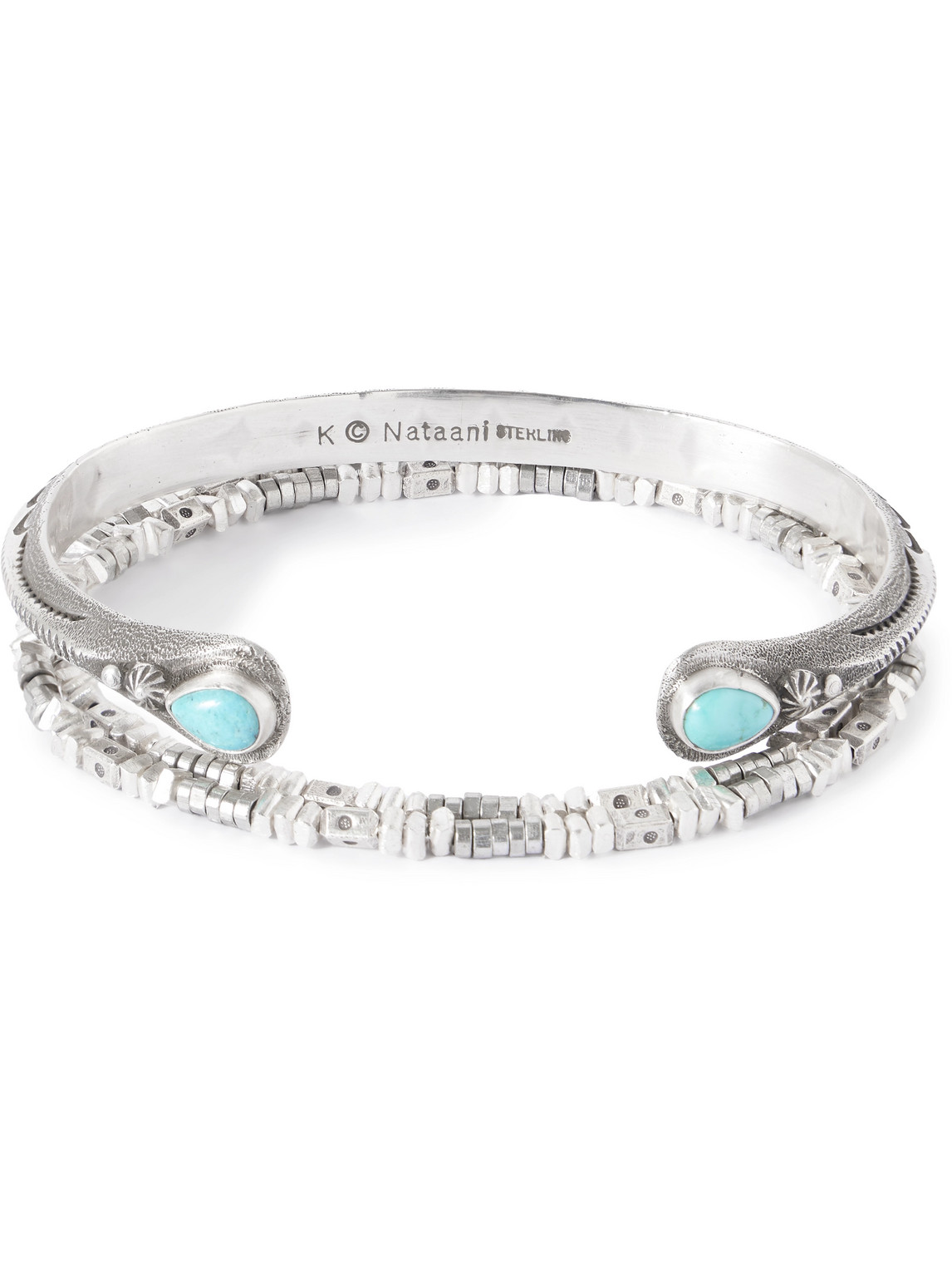 Engraved Silver Turquoise Cuff and Beaded Bracelet Set