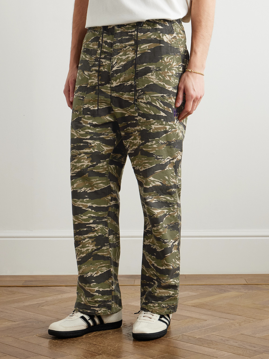 NEEDLES STRING FATIGUE STRAIGHT-LEG CAMOUFLAGE-PRINT COTTON-RIPSTOP DRAWSTRING TROUSERS 