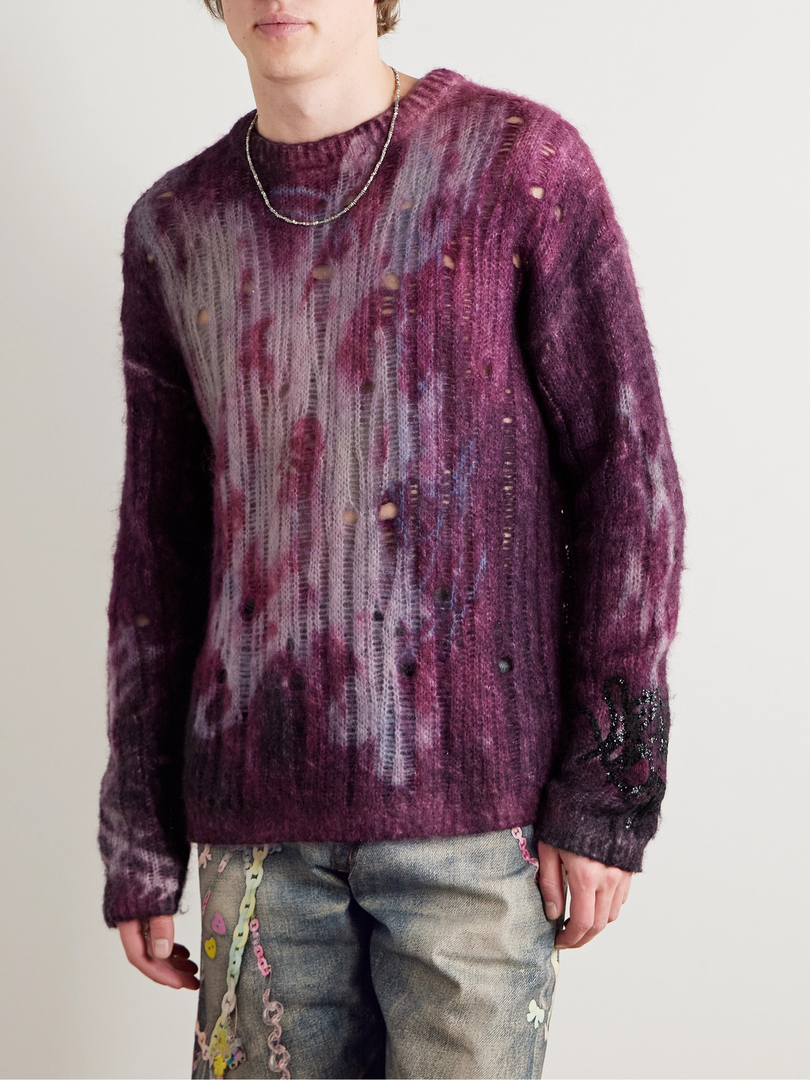 Shop Acne Studios Tie-dyed Distressed Knitted Sweater In Pink