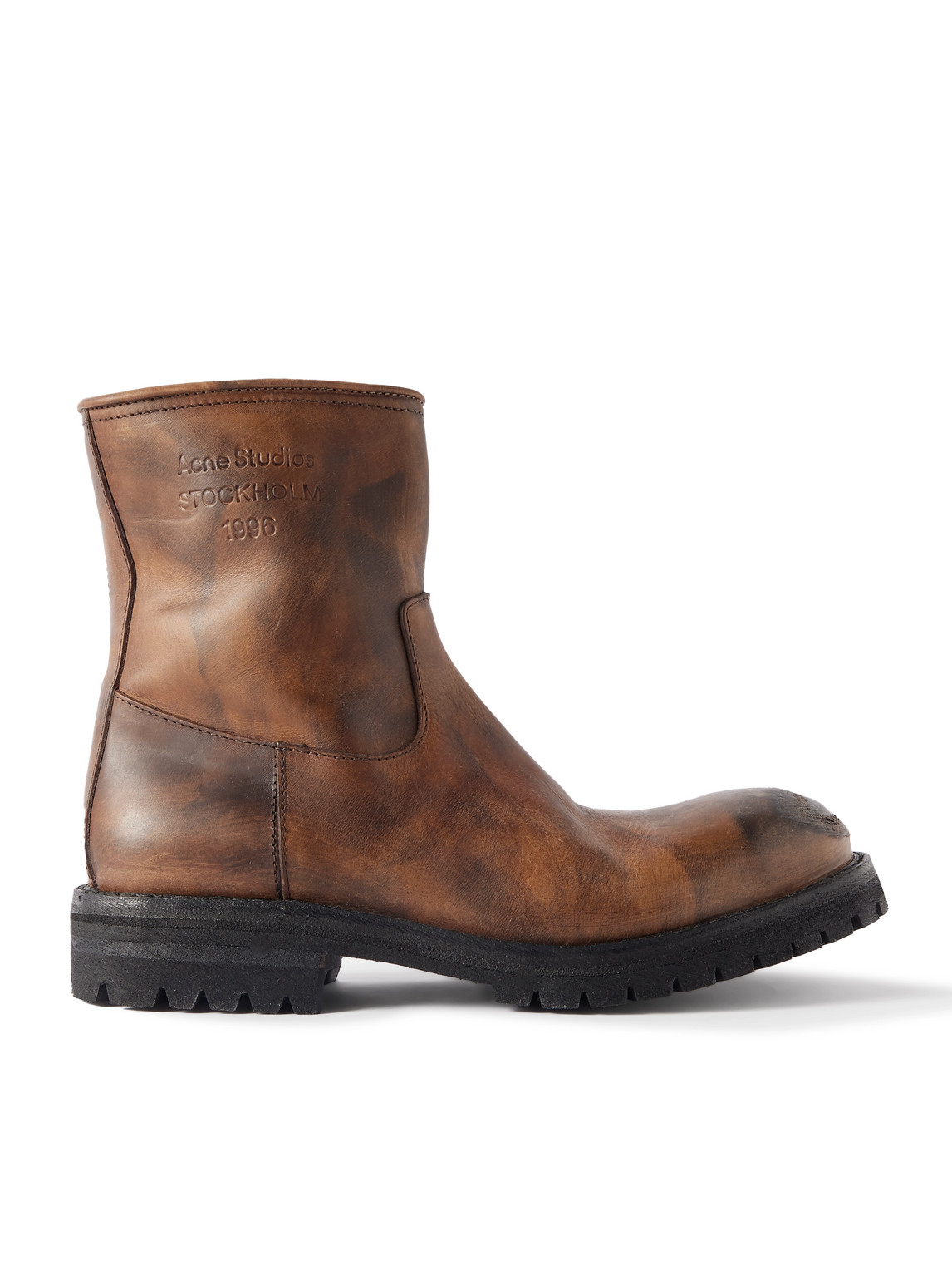 Acne Studios Bork Logo-embossed Distressed Leather Boots In Brown