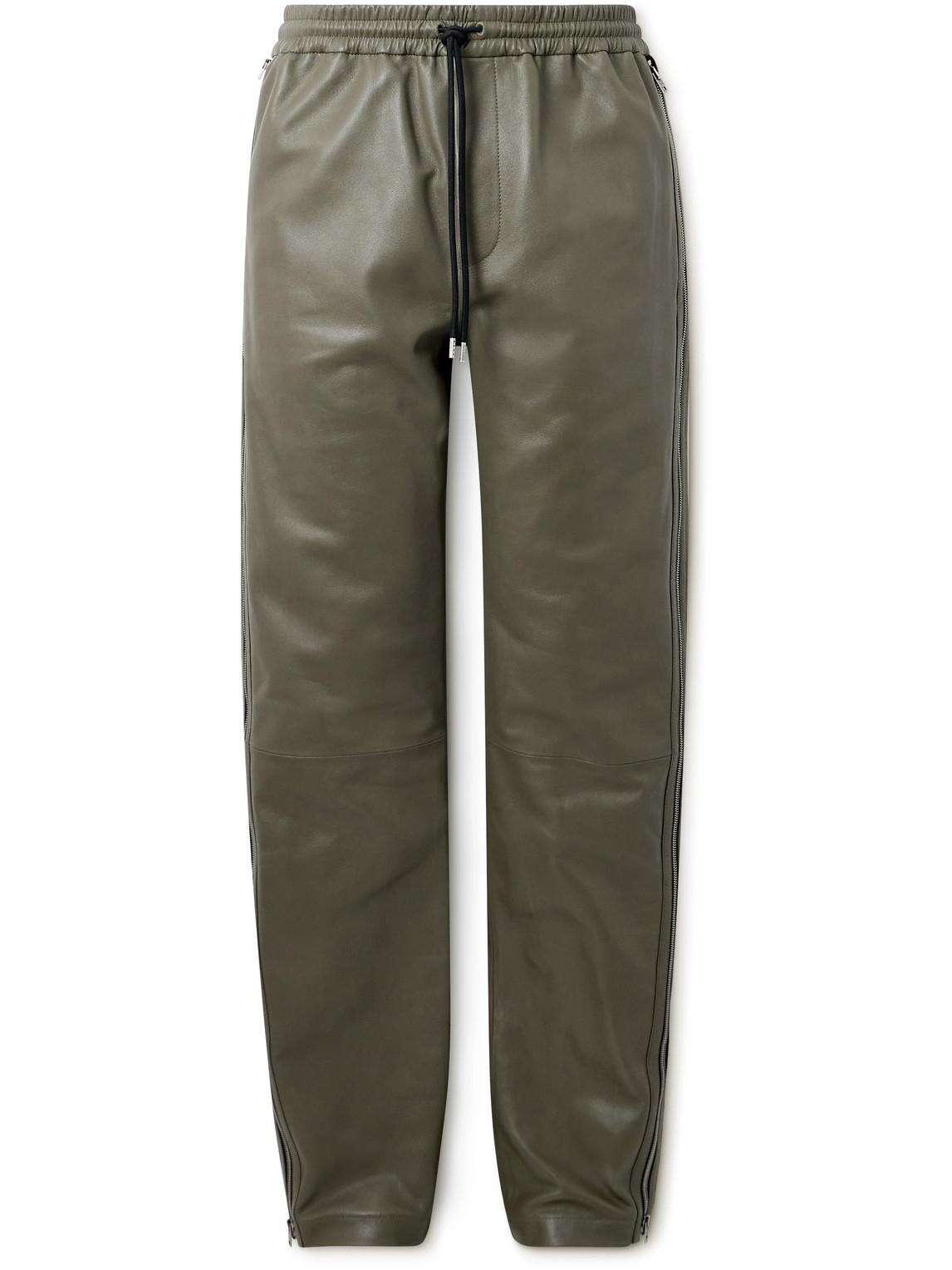 Straight-Leg Zip-Detailed Leather Drawstring Trousers
