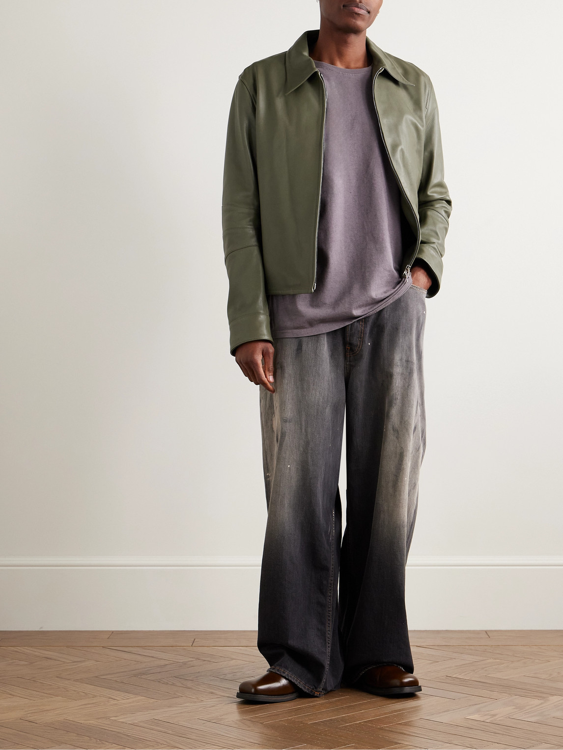 Acne Studios Khaki Paneled Leather Jacket In Green