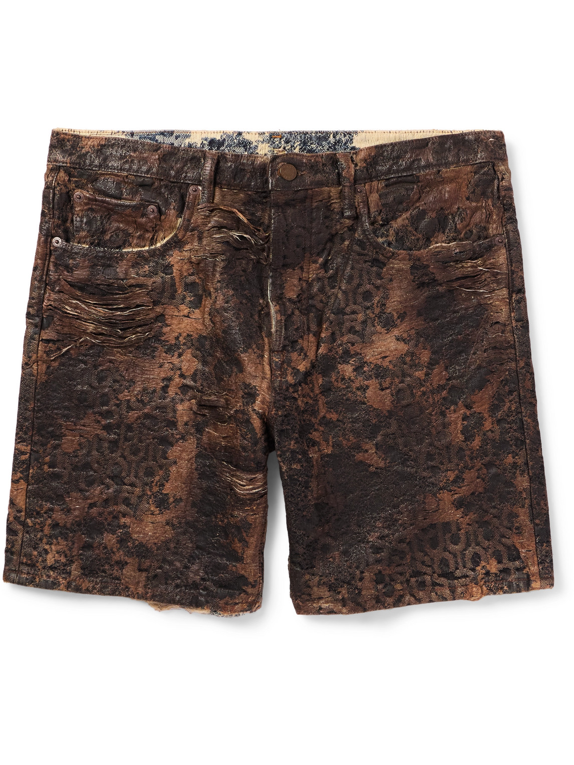 Roman Slim-Fit Straight-Leg Distressed Coated-Denim Shorts