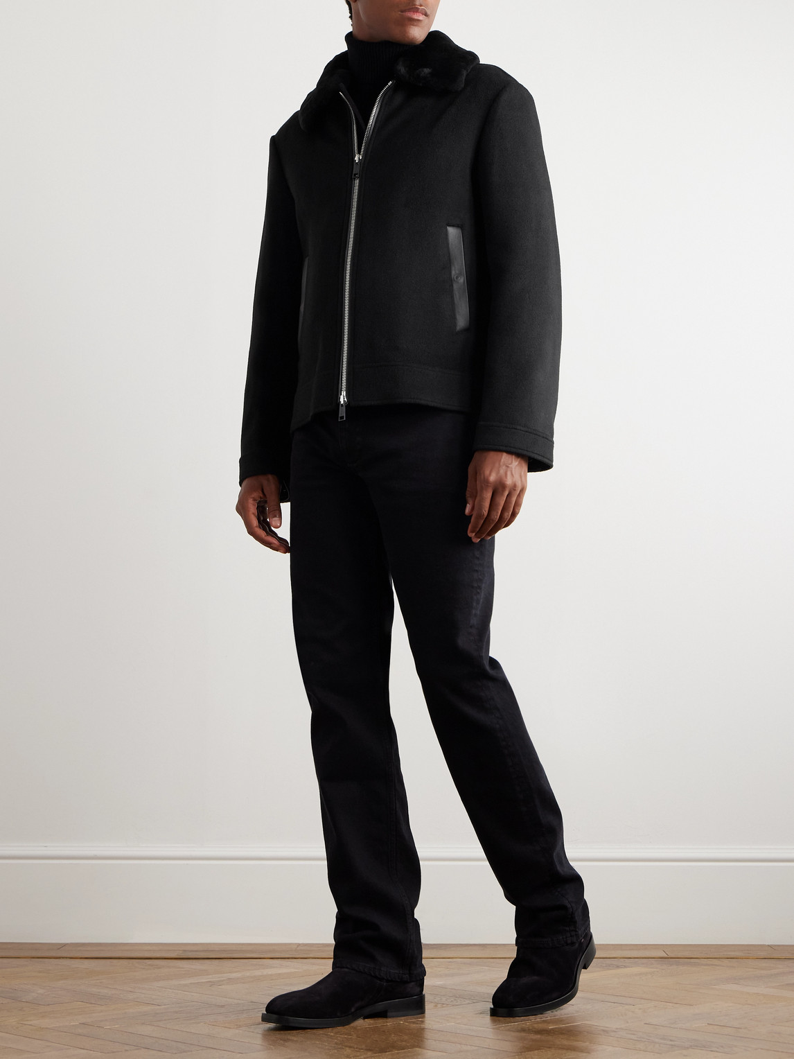YVES SALOMON LEATHER AND SHEARLING-TRIMMED WOOL AND CASHMERE-BLEND JACKET