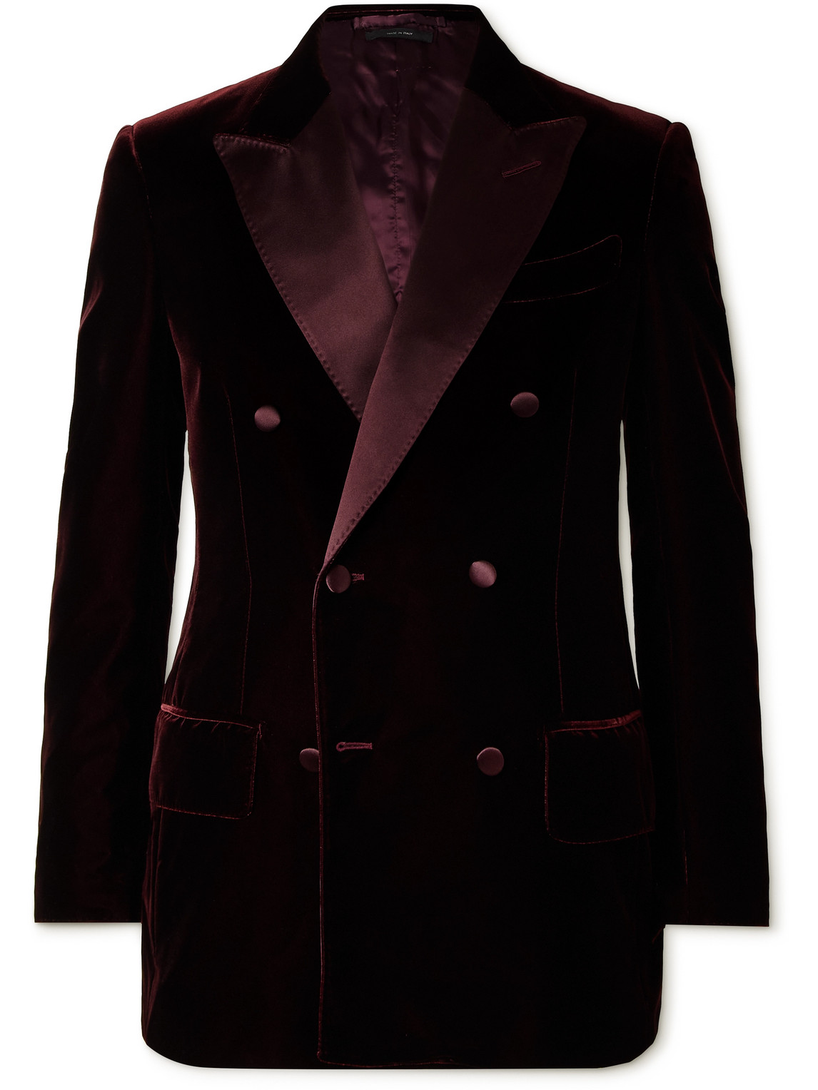 Tom Ford Dyllan Double-breasted Satin-trimmed Velvet Tuxedo Jacket In Burgundy