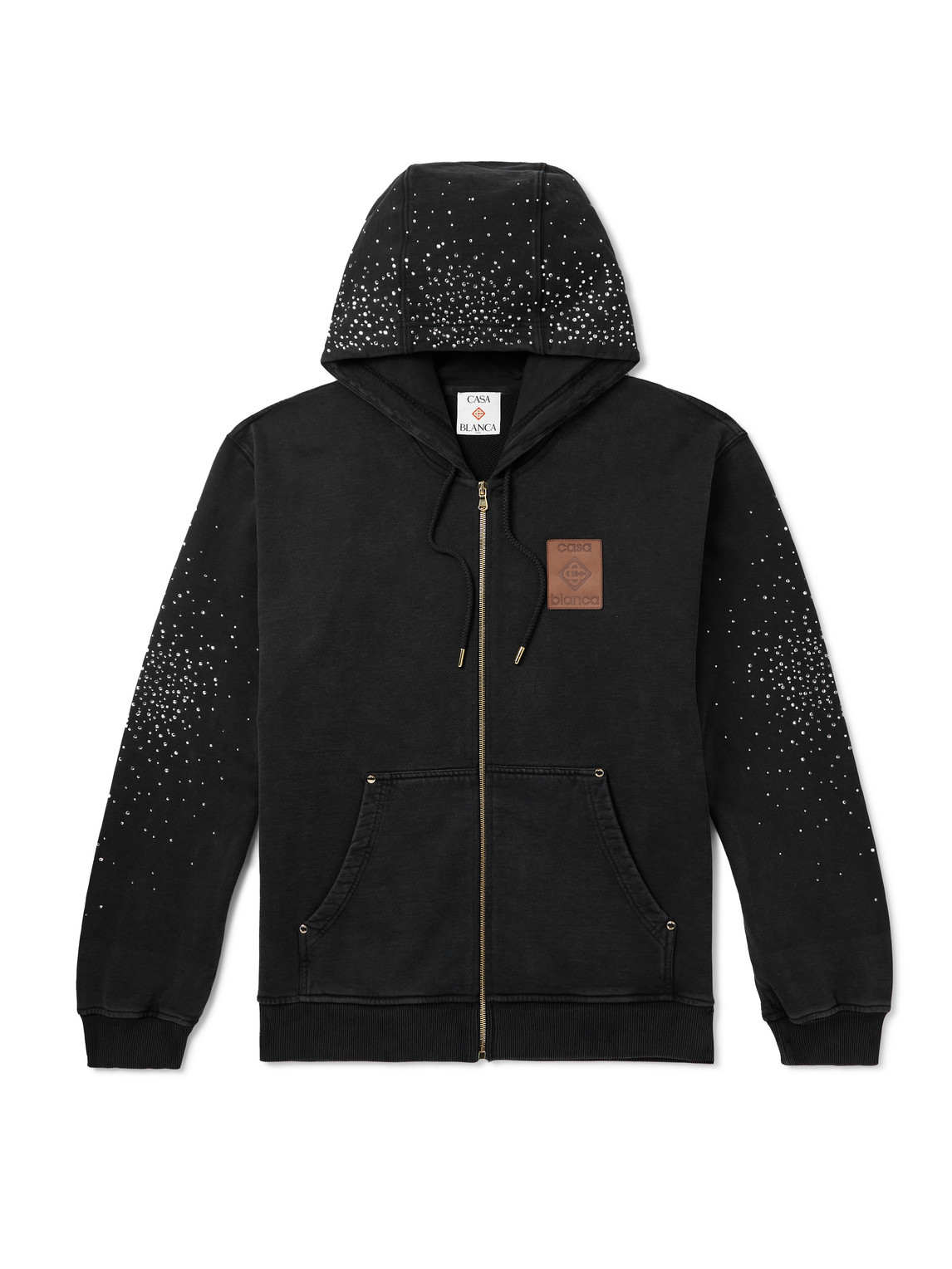 La Prémonition Logo-Appliquéd Crystal-Embellished Printed Organic Cotton-Jersey Zip-Up Hoodie
