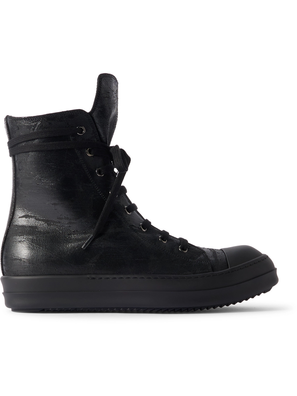 Rick Owens Drkshdw Megacrust Distressed Coated-denim High-top Sneakers In Black