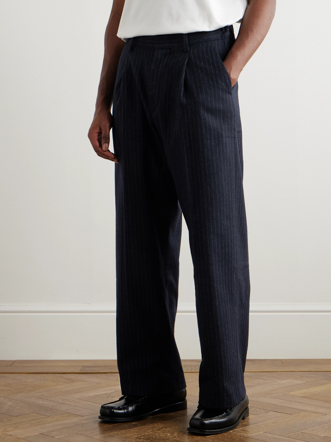 Shop Nn07 Straight-leg Pleated Pinstriped Recycled Wool-blend Trousers In Blue