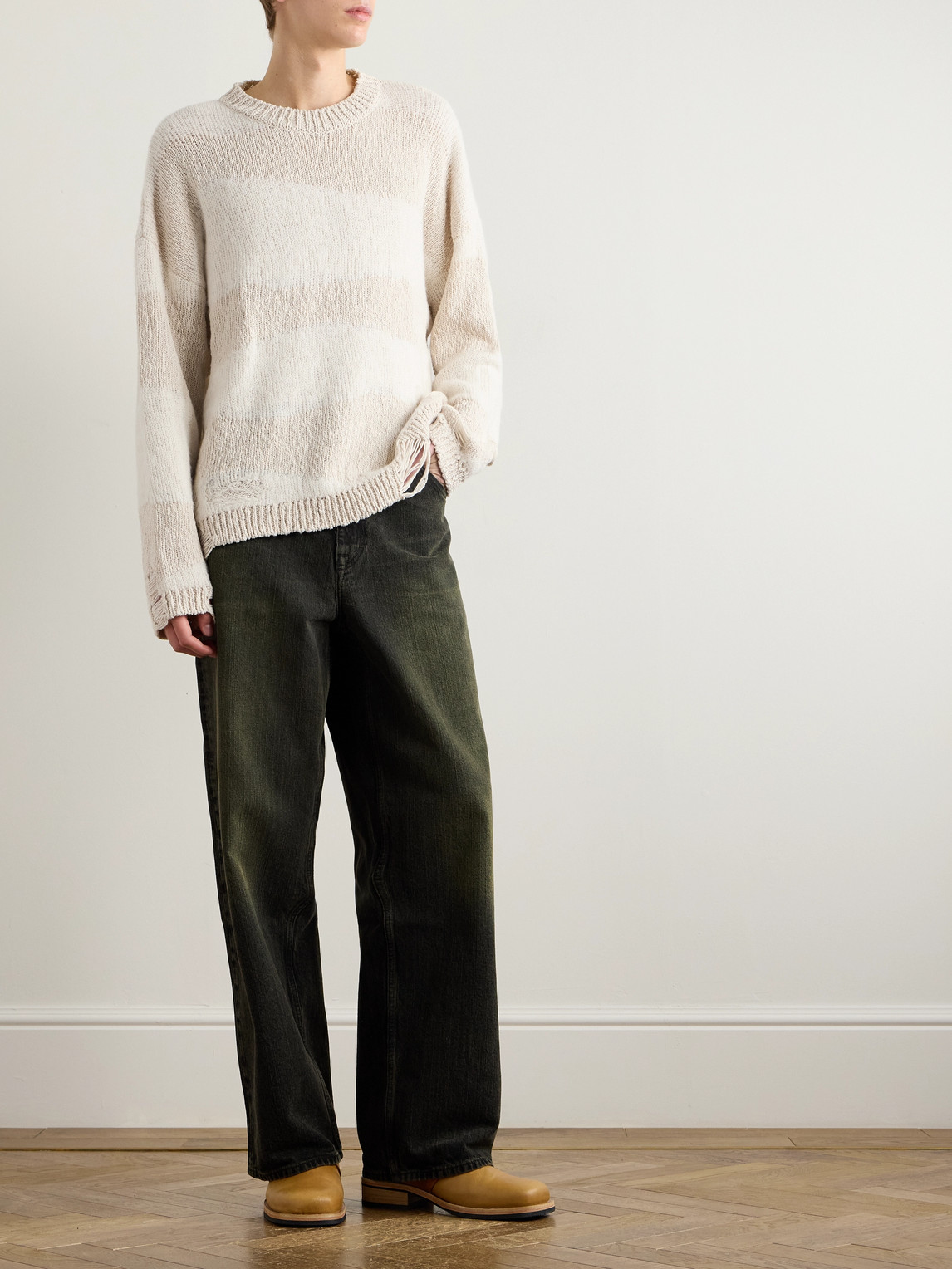 Our Legacy Popover Distressed Striped Cotton And Linen-blend Sweater In Neutrals