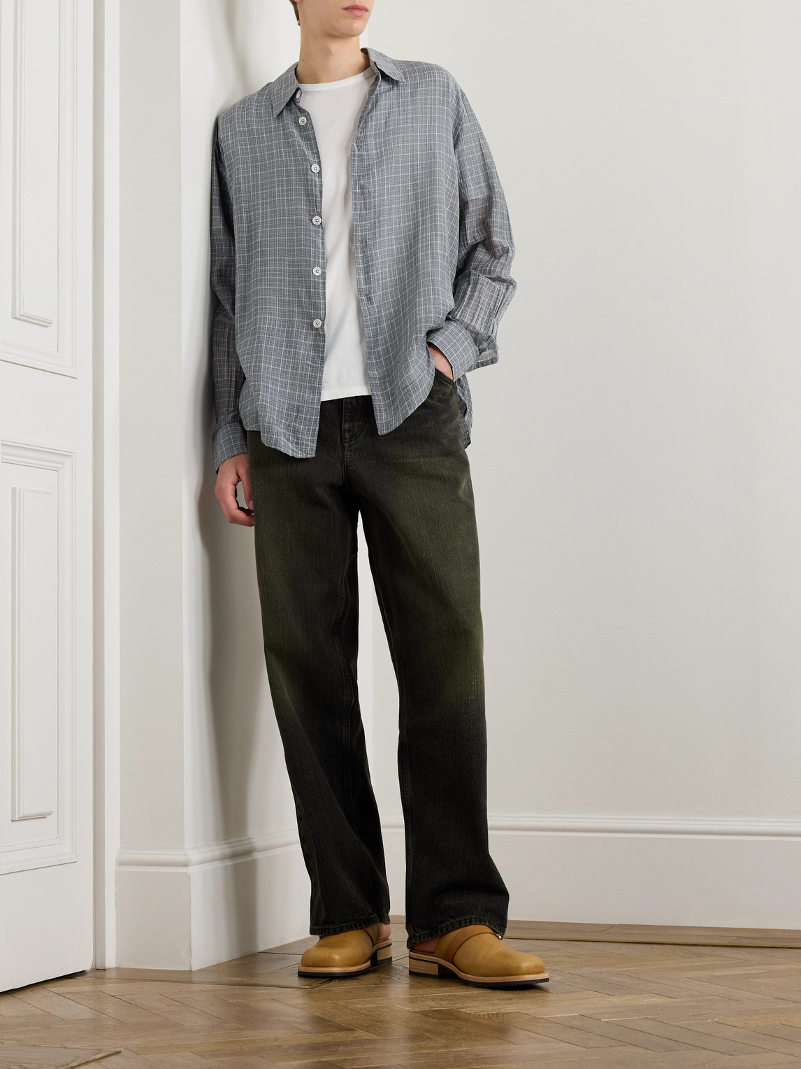 Our Legacy Beyond Checked Cotton And Silk-blend Shirt In Gray