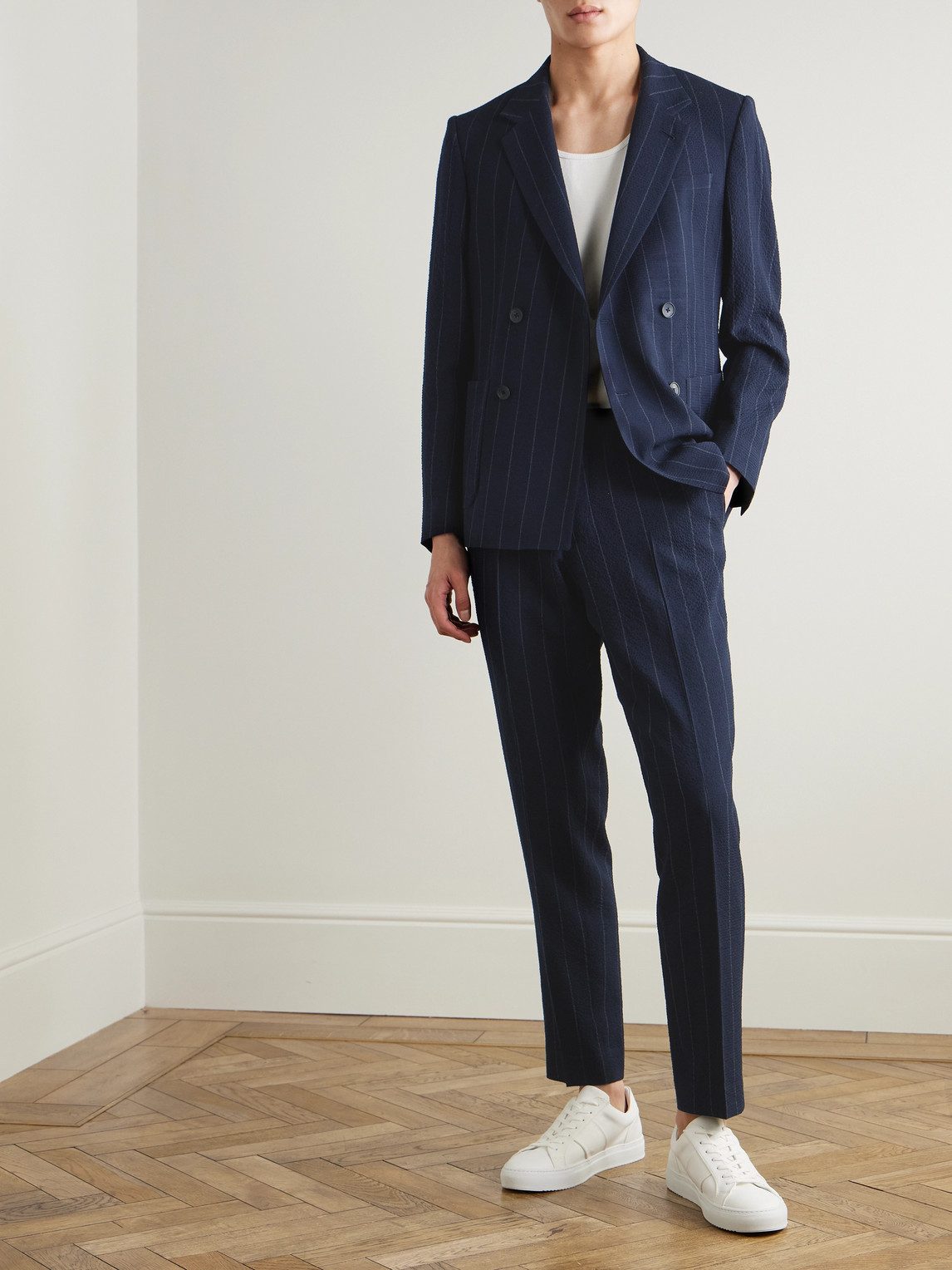 Philip Tapered Pinstriped Wool-Blend Seersucker Suit Trousers — 2
