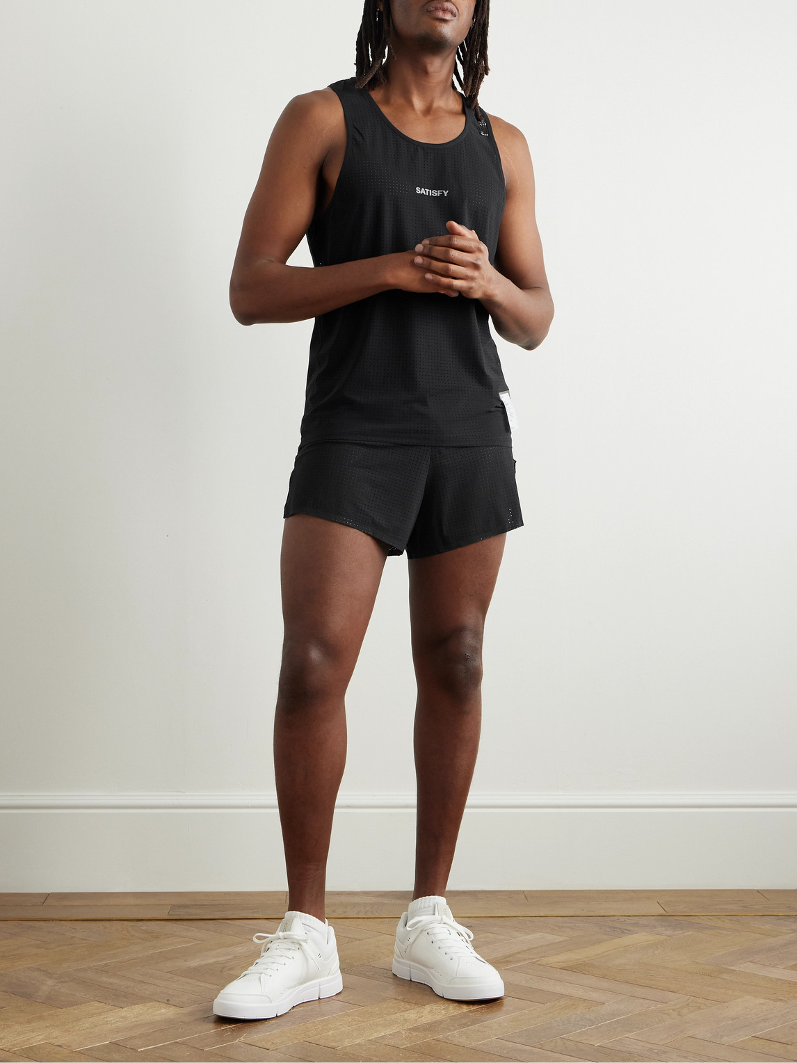 Satisfy Embellished Logo-appliquéd Space-o™ Mesh Tank Top In Black