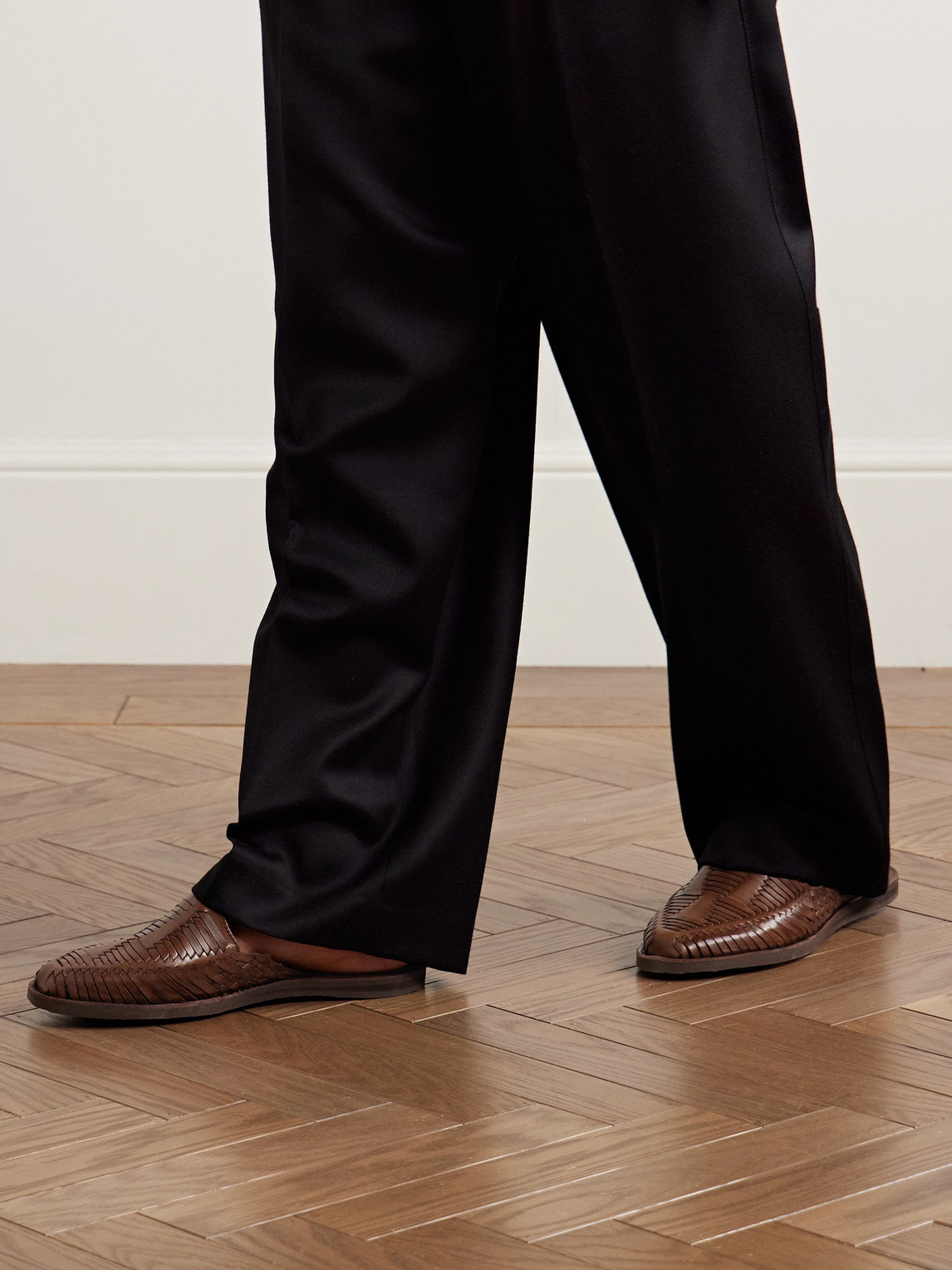Yuketen Chamula Punta Mita Woven Leather Backless Loafers In Brown