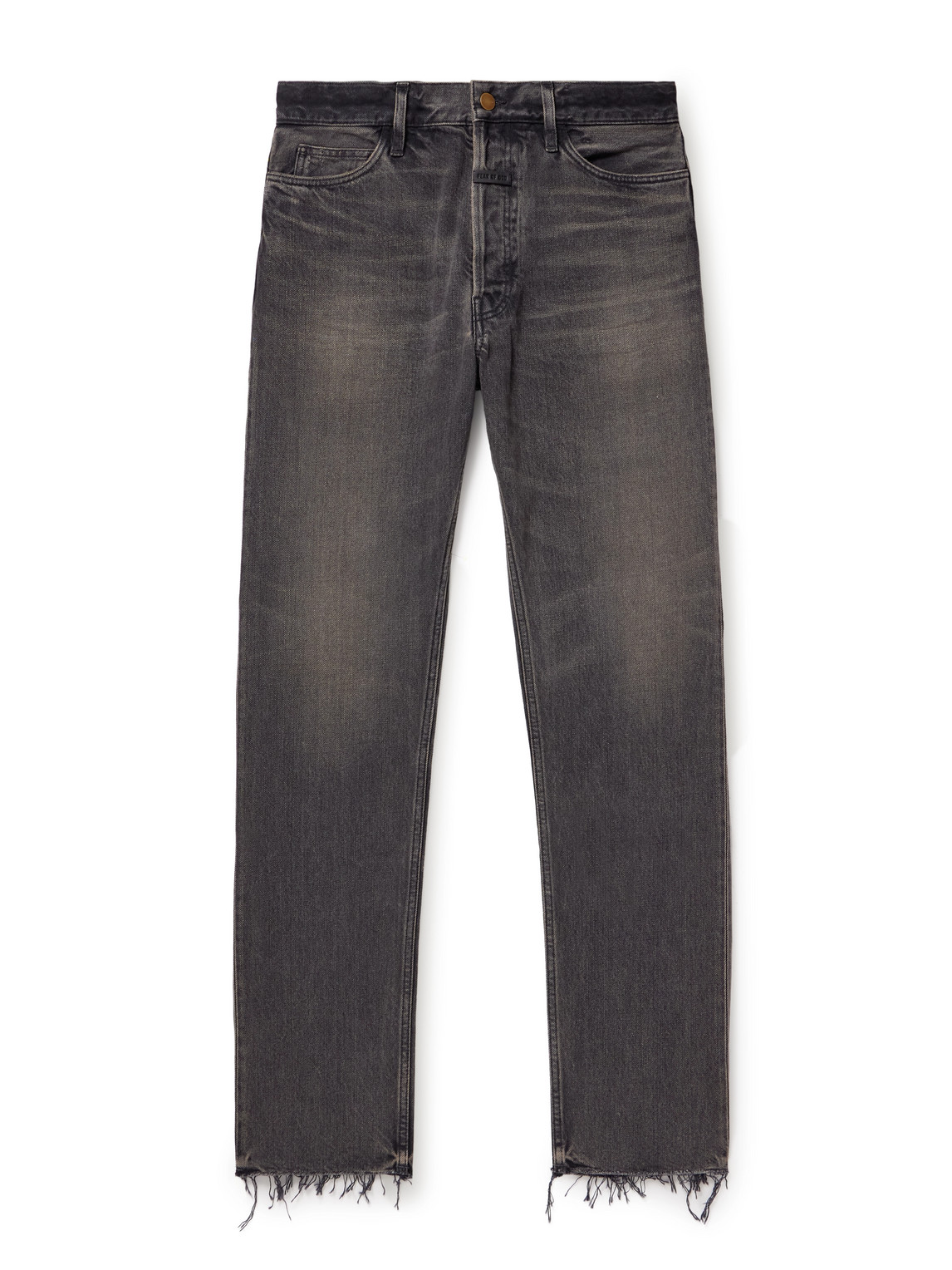 Fear Of God Straight-leg Logo-appliquéd Distressed Jeans In Gray