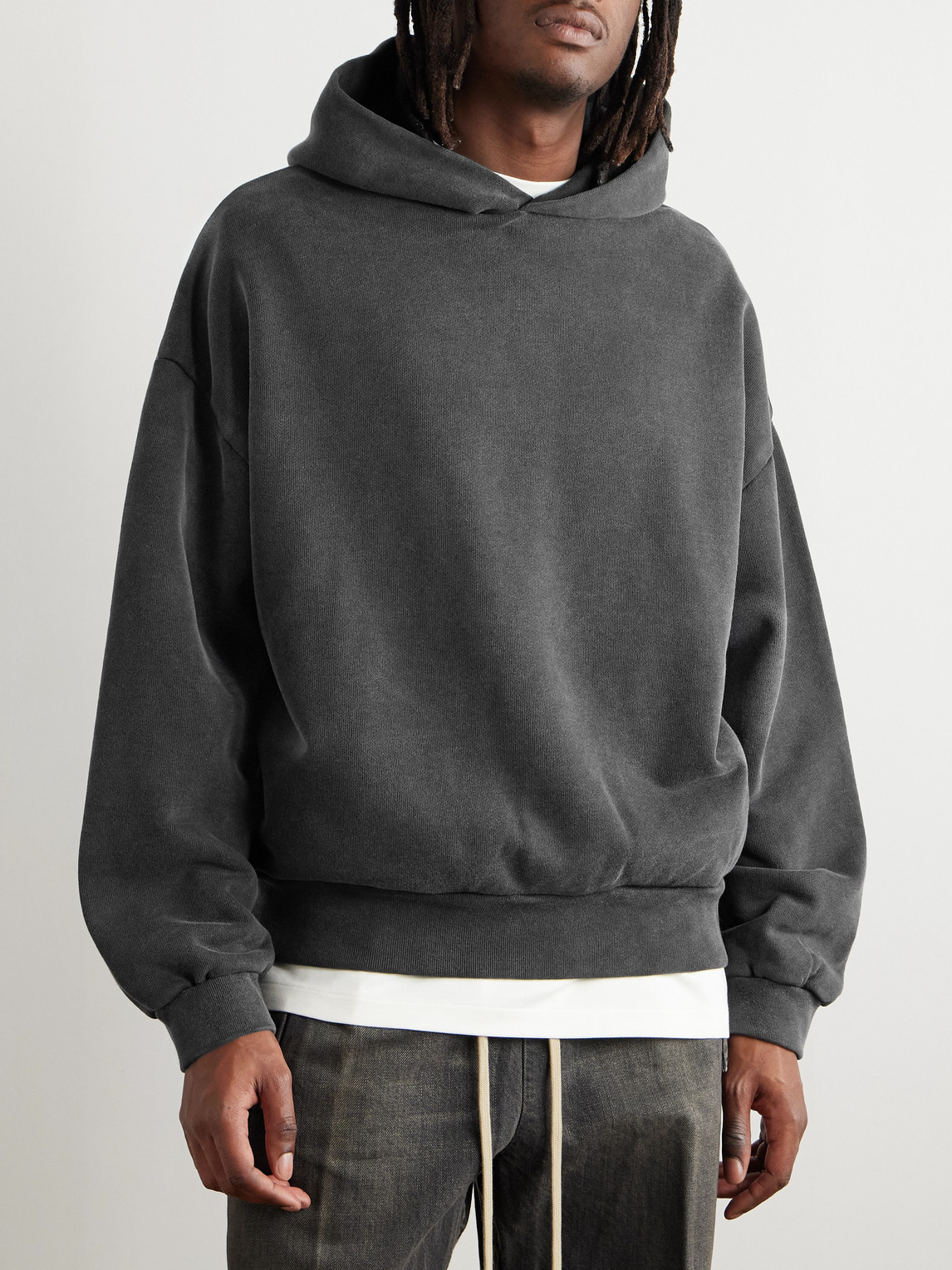 Shop Fear Of God Logo-print Cotton-jersey Hoodie In Black