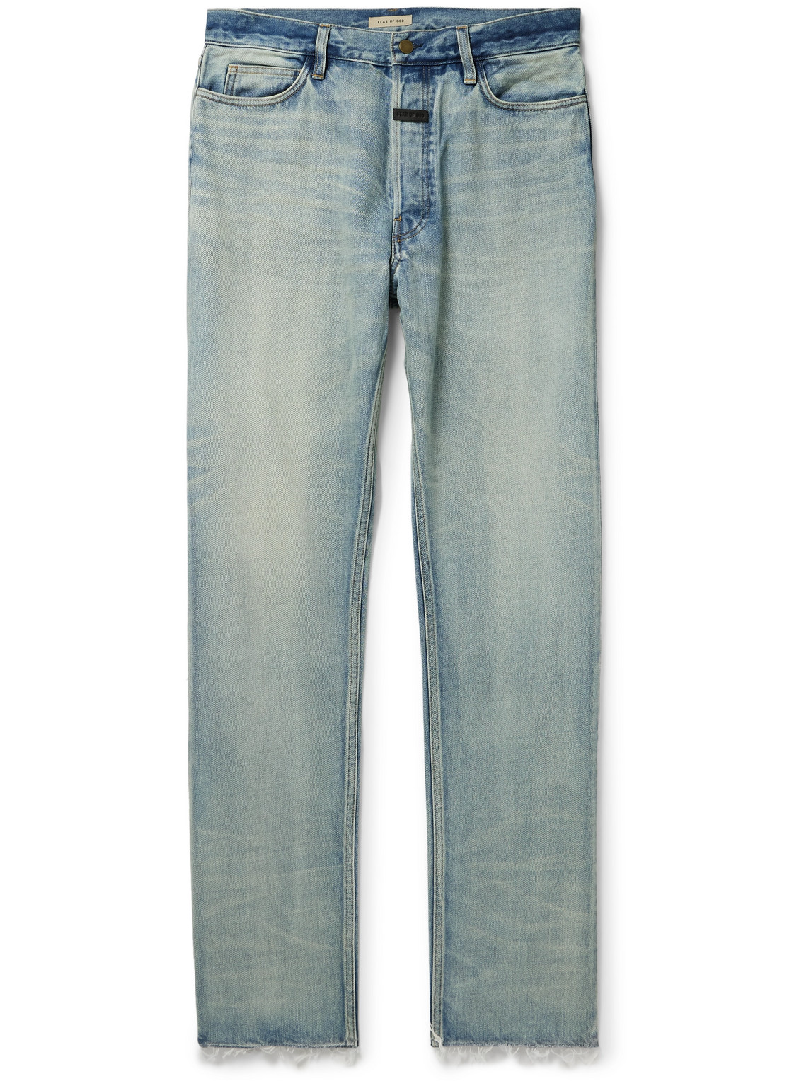 Fear Of God Straight-leg Logo-appliquéd Frayed Jeans In Blue