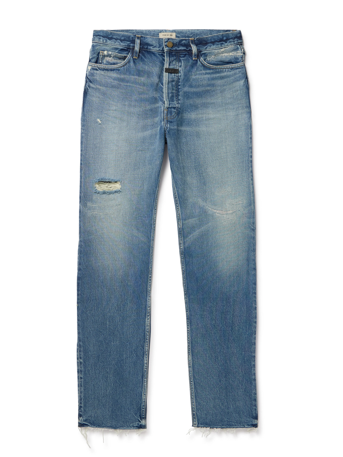 Fear Of God Straight-leg Logo-appliquéd Distressed Jeans In Blue