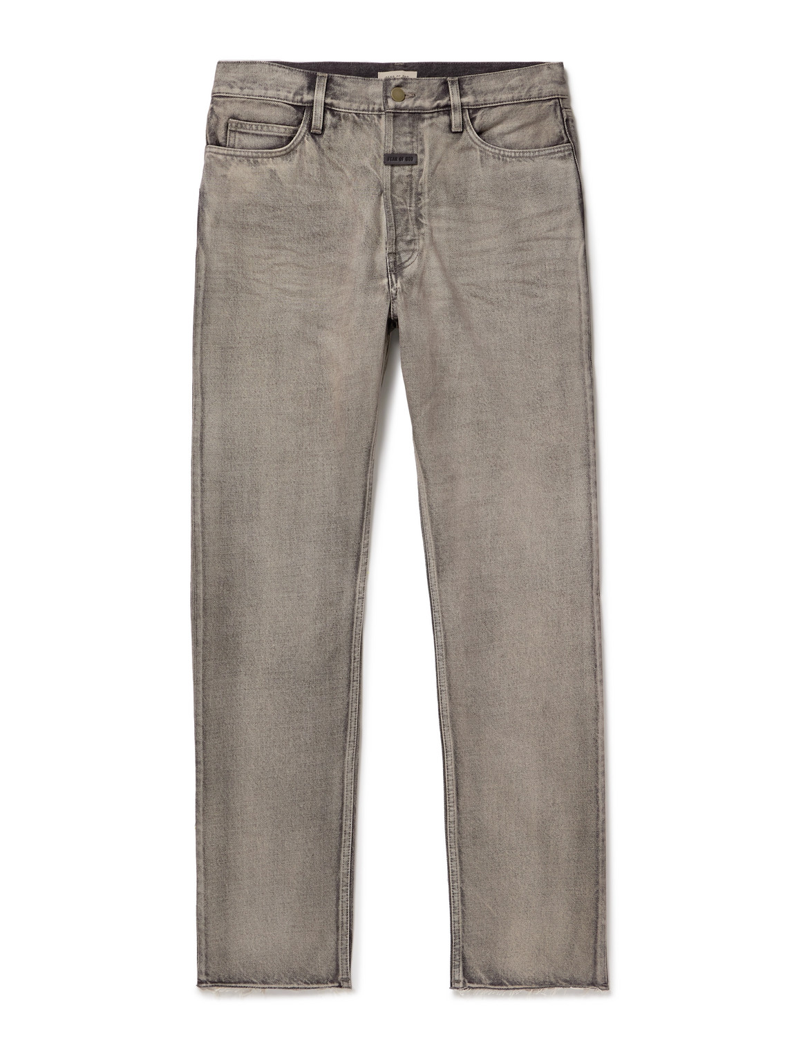 Fear Of God Straight-leg Logo-appliquéd Distressed Jeans In Gray