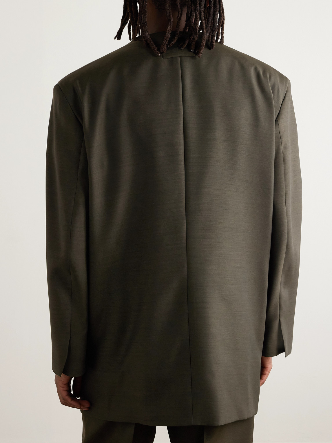 Shop Fear Of God Oversized Logo-appliquéd Double-breasted Wool And Silk-blend Suit Jacket In Green
