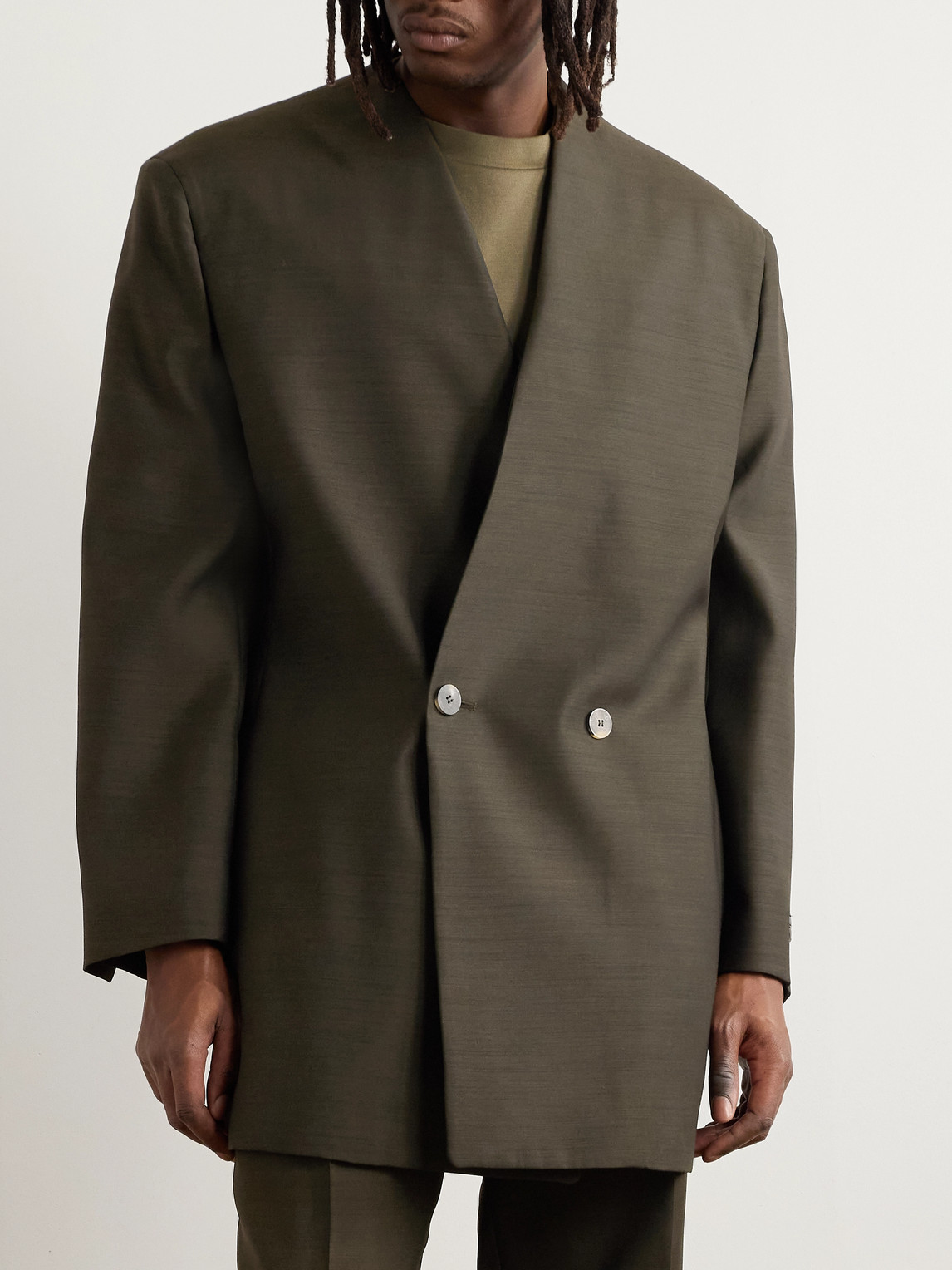 FEAR OF GOD OVERSIZED LOGO-APPLIQUÉD DOUBLE-BREASTED WOOL AND SILK-BLEND SUIT JACKET