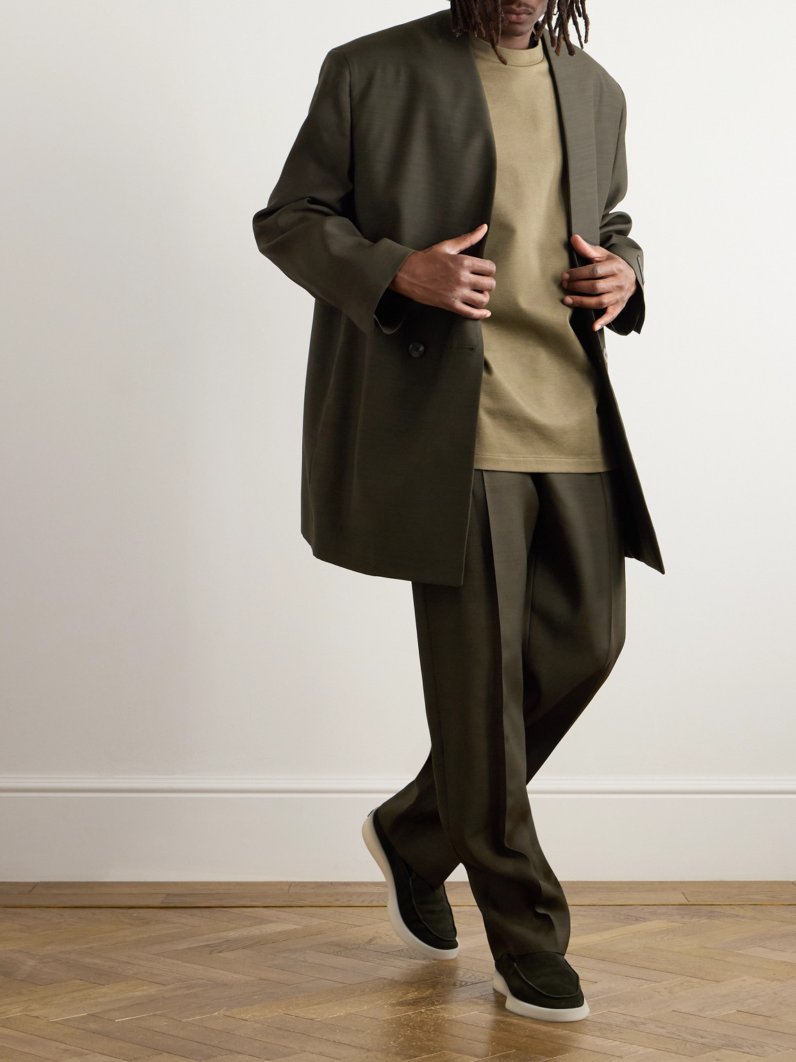 FEAR OF GOD OVERSIZED LOGO-APPLIQUÉD DOUBLE-BREASTED WOOL AND SILK-BLEND SUIT JACKET
