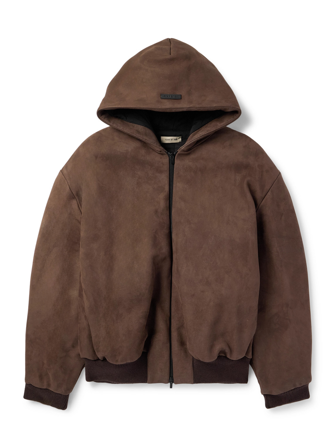 Fear Of God Logo-appliquéd Nubuck Hooded Bomber Jacket In Brown