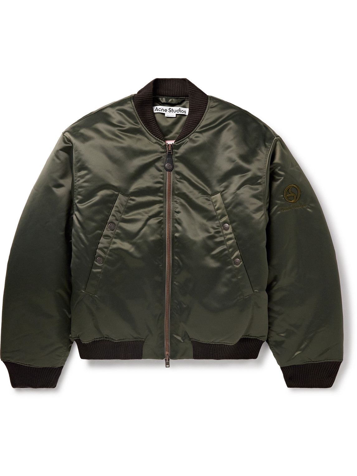 Acne Studios Oliev Logo-embroidered Padded Satin Bomber Jacket In Green