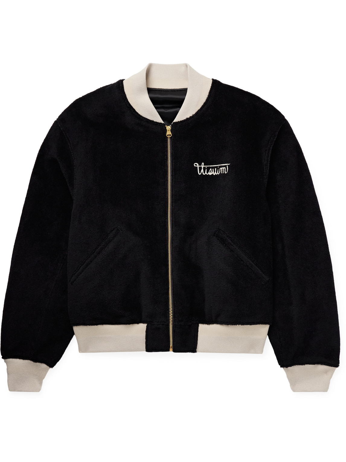 Visvim Reversible Embroidered Wool-fleece And Silk-satin Bomber Jacket In Black