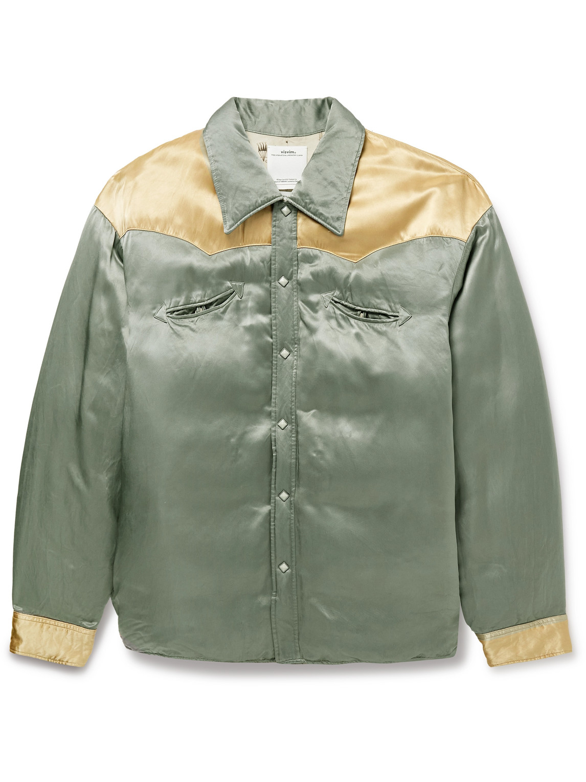 Visvim Panelled Padded Satin Down Jacket In Green