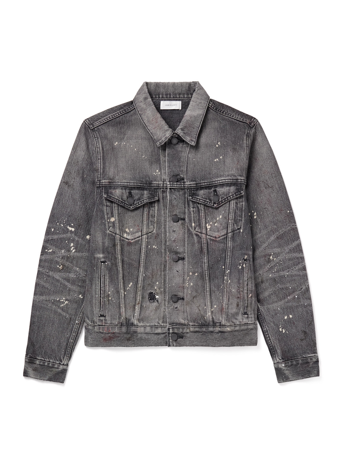 John Elliott Thumper Type Iii Distressed Paint-splattered Selvedge Denim Trucker Jacket In Grey