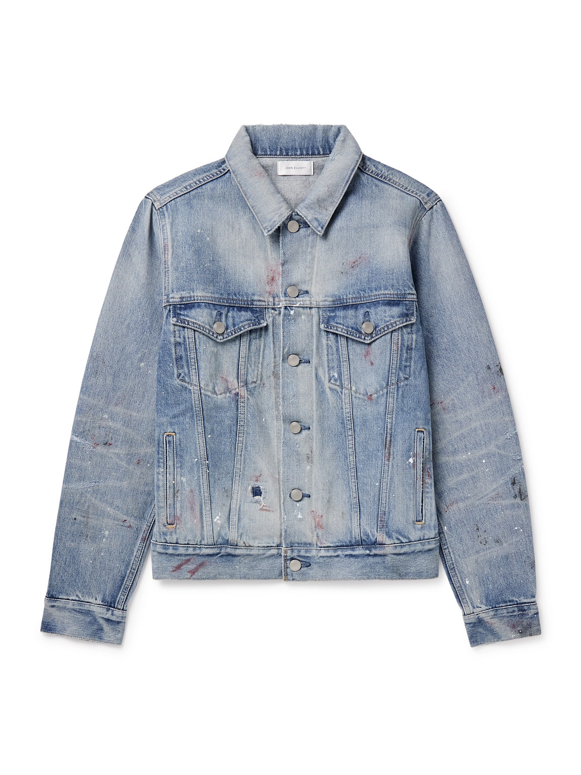 John Elliott Thumper Type Iii Distressed Paint-splattered Selvedge Denim Trucker Jacket In Blue