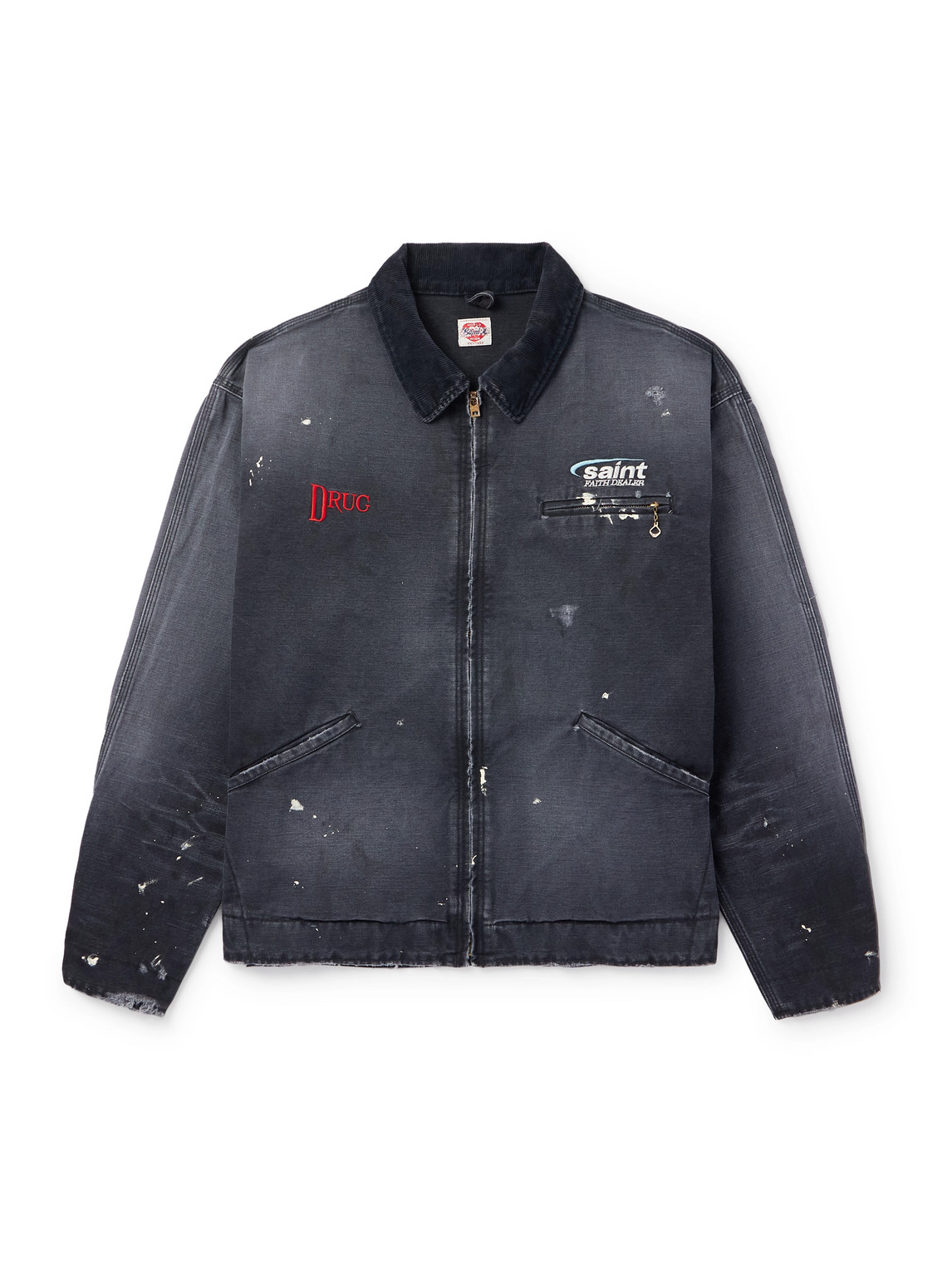 Corduroy-Trimmed Logo-Embroidered Distressed Cotton-Canvas Jacket