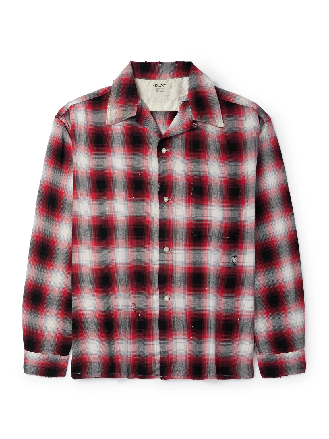LASTMAN Convertible-Collar Distressed Paint-Splattered Checked Oxford Shirt