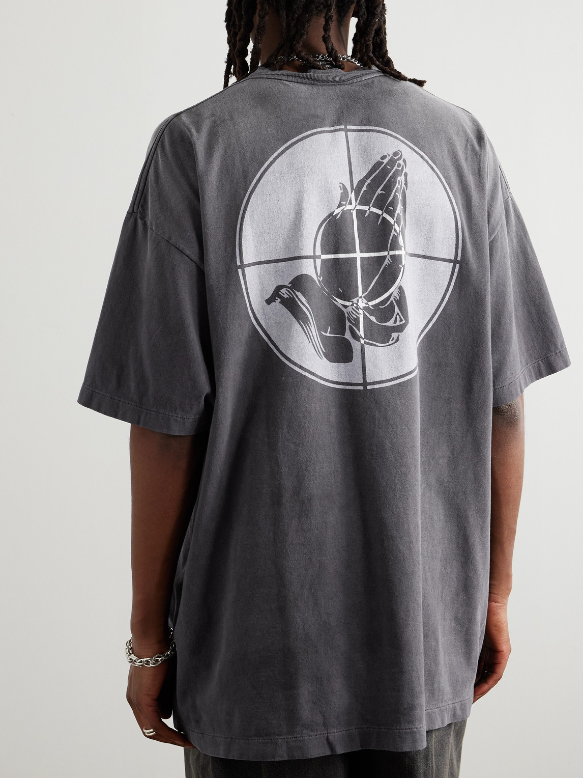 Saint Mxxxxxx Fear Of God Distressed Printed Cotton-jersey T-shirt In Black