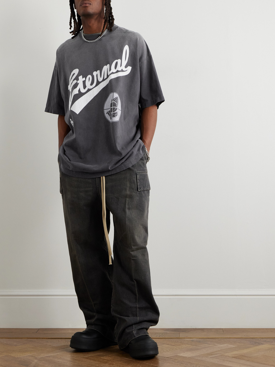Saint Mxxxxxx Fear Of God Distressed Printed Cotton-jersey T-shirt In Black