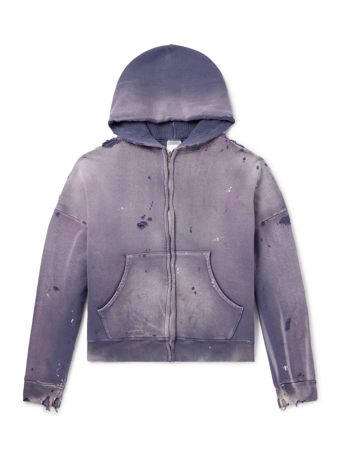 Oversized Distressed Cotton-Jersey Zip-Up Hoodie