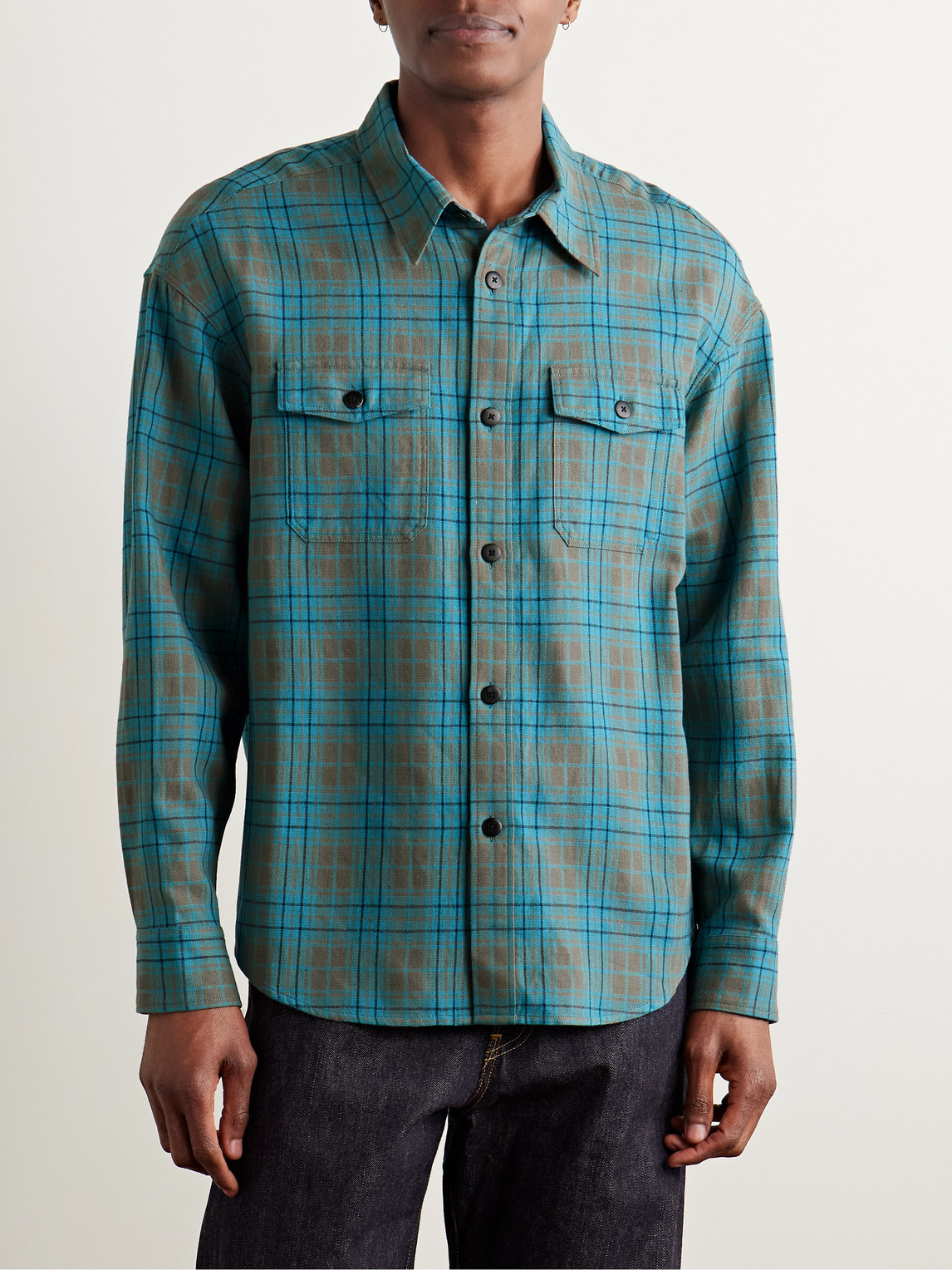 Visvim Checked Wool And Linen-blend Shirt In Blue