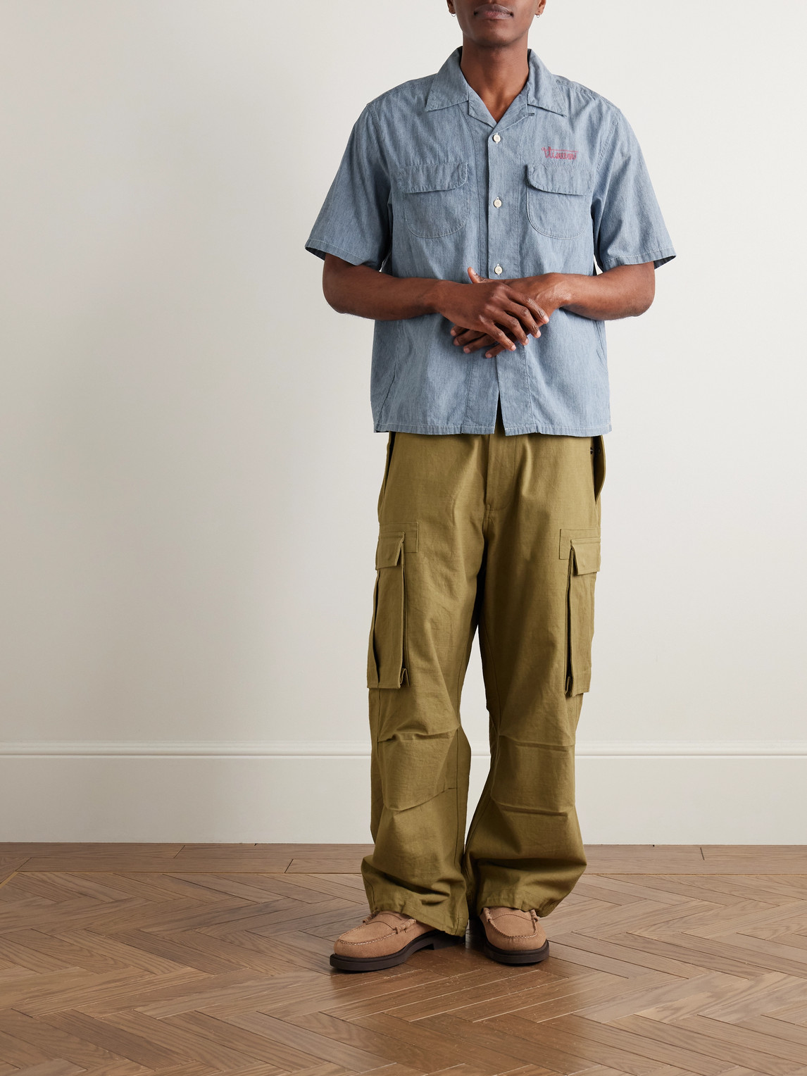 Visvim Keesey Convertible-collar Logo-embroidered Cotton And Silk-blend Chambray Shirt
