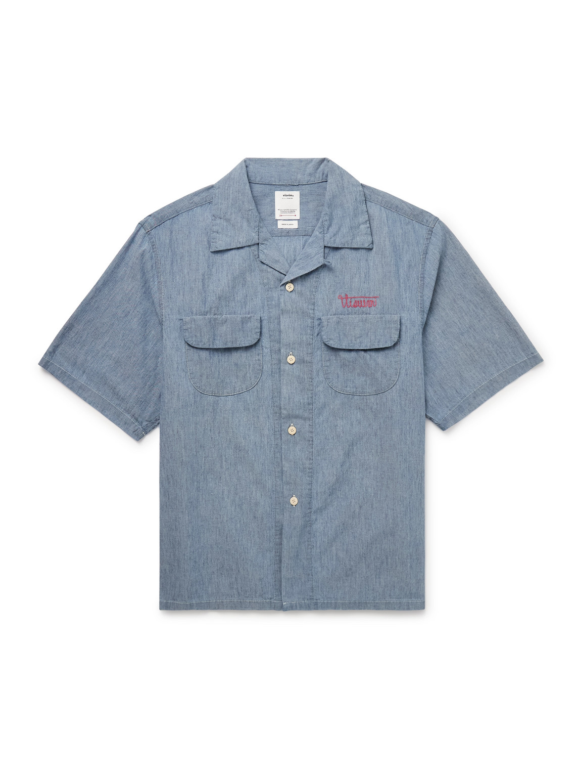 Visvim Keesey Convertible-collar Logo-embroidered Cotton And Silk-blend Chambray Shirt In Blue