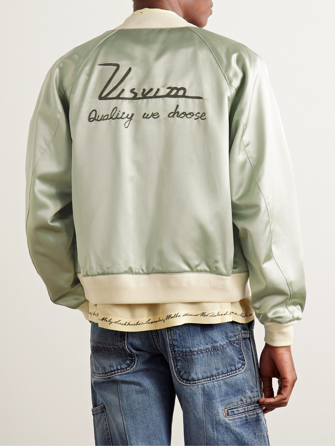 Visvim Reversible Embroidered Silk-satin And Cotton Bomber Jacket In Green