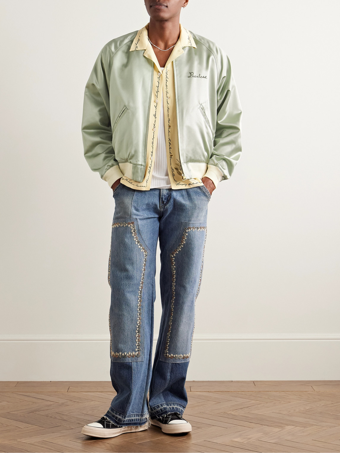 Visvim Reversible Embroidered Silk-satin And Cotton Bomber Jacket In Green