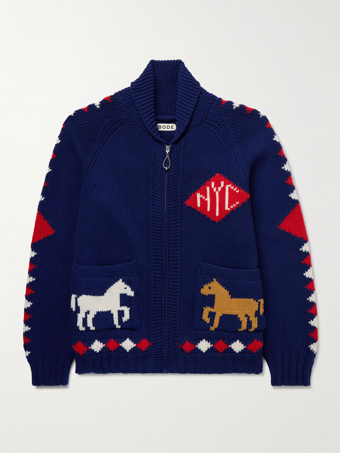 BODE Diamond Corral Shawl-Collar Merino Wool-Jacquard Cardigan - Men