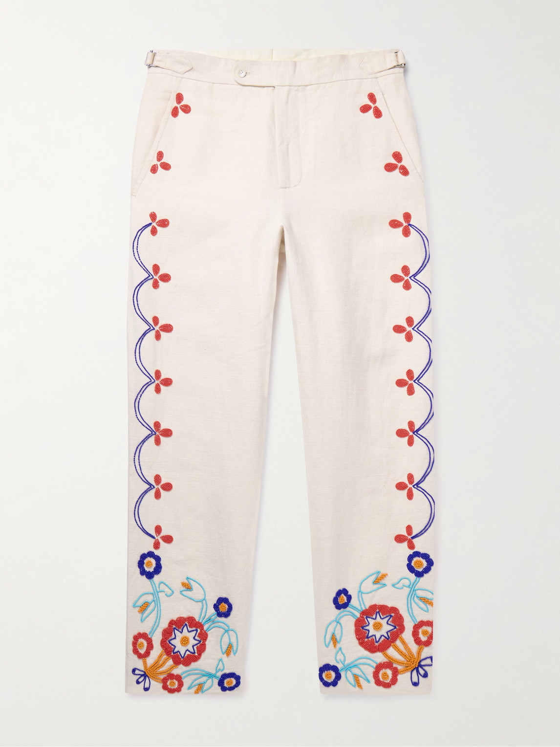 Bode Garden Party Straight-leg Bead-embellished Linen Trousers In Neutrals