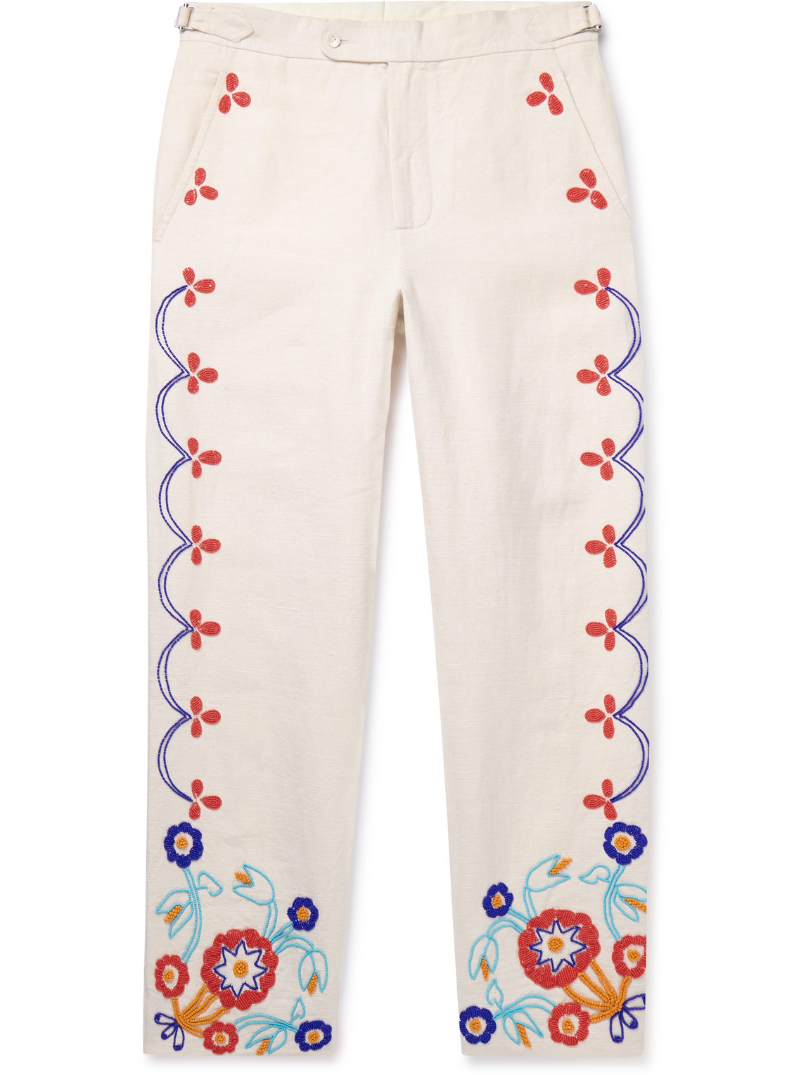 Garden Party Straight-Leg Bead-Embellished Linen Trousers