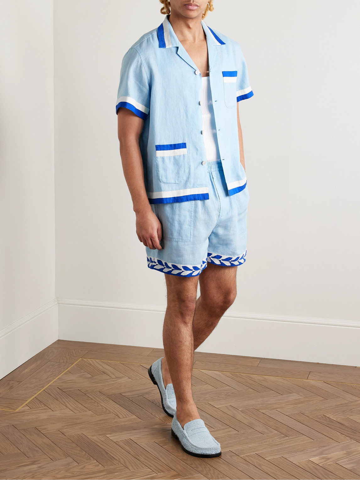 Bode Seedling Stripe Linen Camp Shirt In Blue