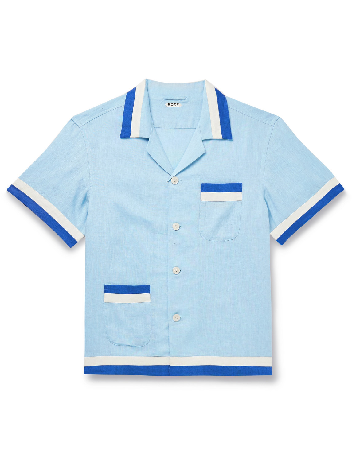 Bode Seedling Stripe Linen Camp Shirt In Blue