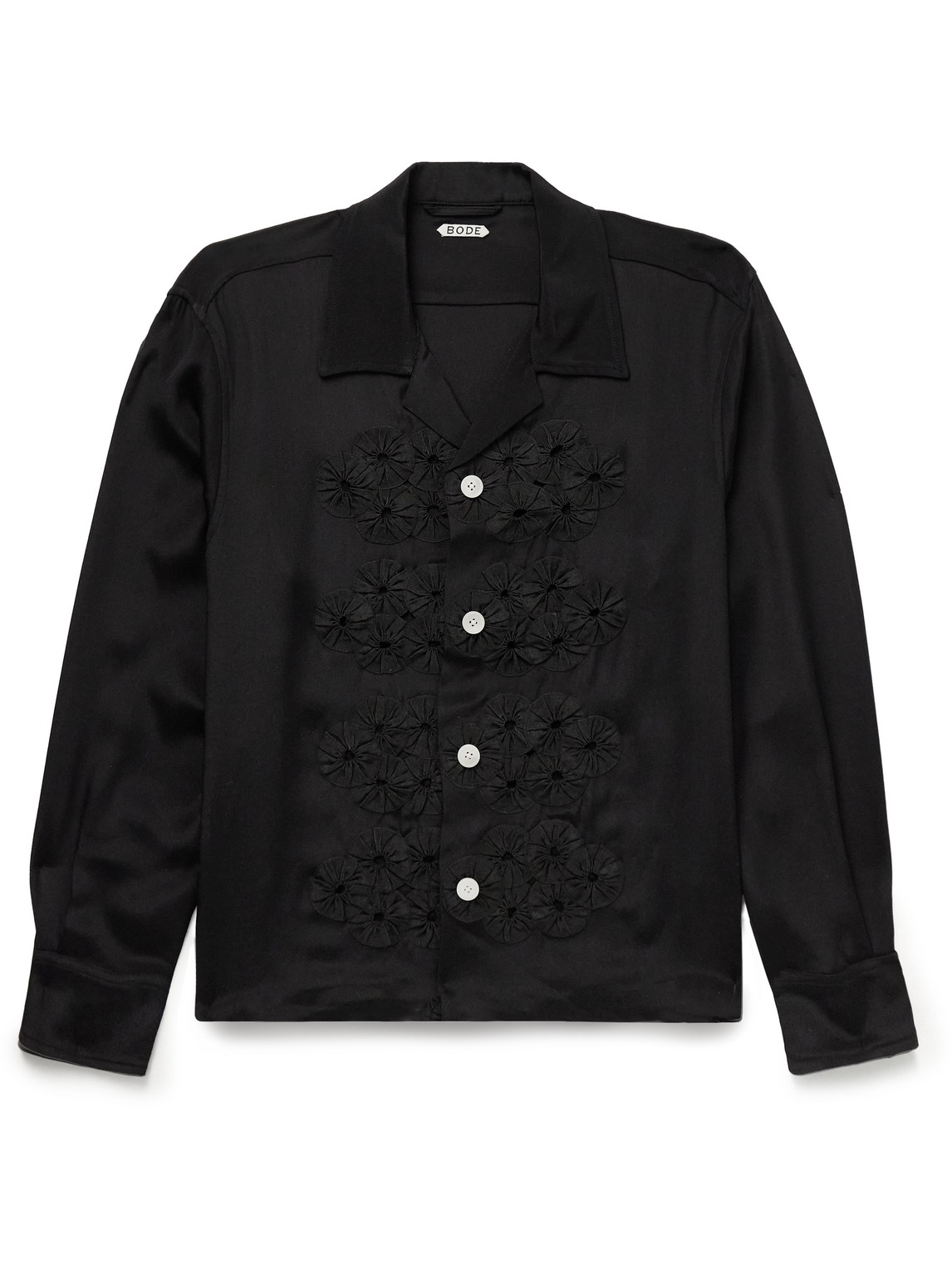 Bode Camp-collar Appliquéd Silk Shirt In Black